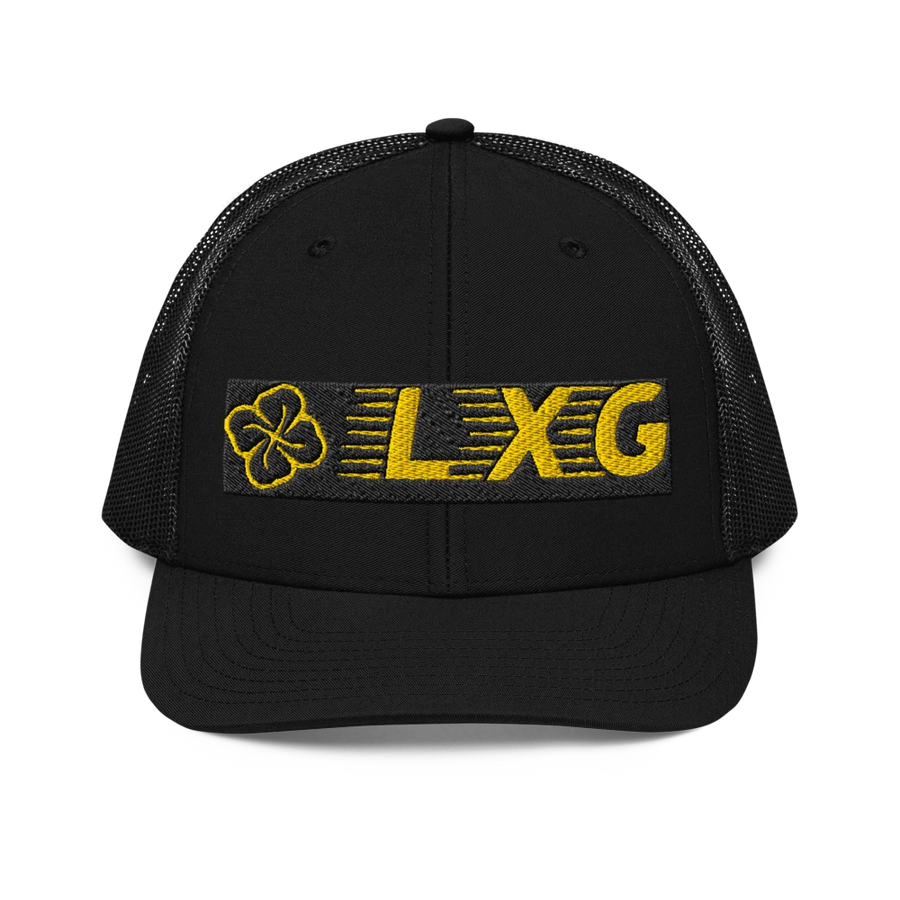LXG AU Embroidered Retro Trucker Cap — Blackout, gold LXG embroidery