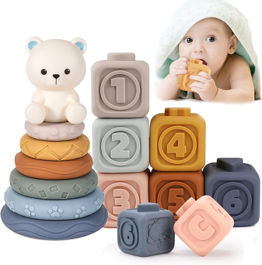 Baby Toys Stacking Blocks, Educational Sensory Toys, 13 PCS Baby Soft Building Blocks Toys, Montessori Toys for Babies, Gifts for 6 12 18 Months Old Toddler Girls Boys (Bear)