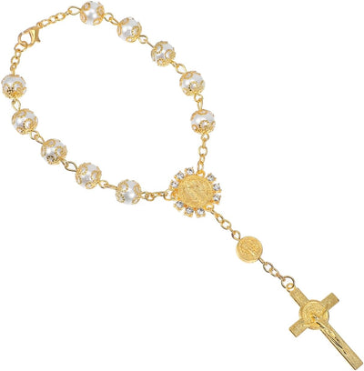 Car Rosary Pendant with Imitation Pearl Beaded Bracelet Hanging Ornament for Rearview Mirror Car Charm Cross Accessory 7.09X3.54 Inches