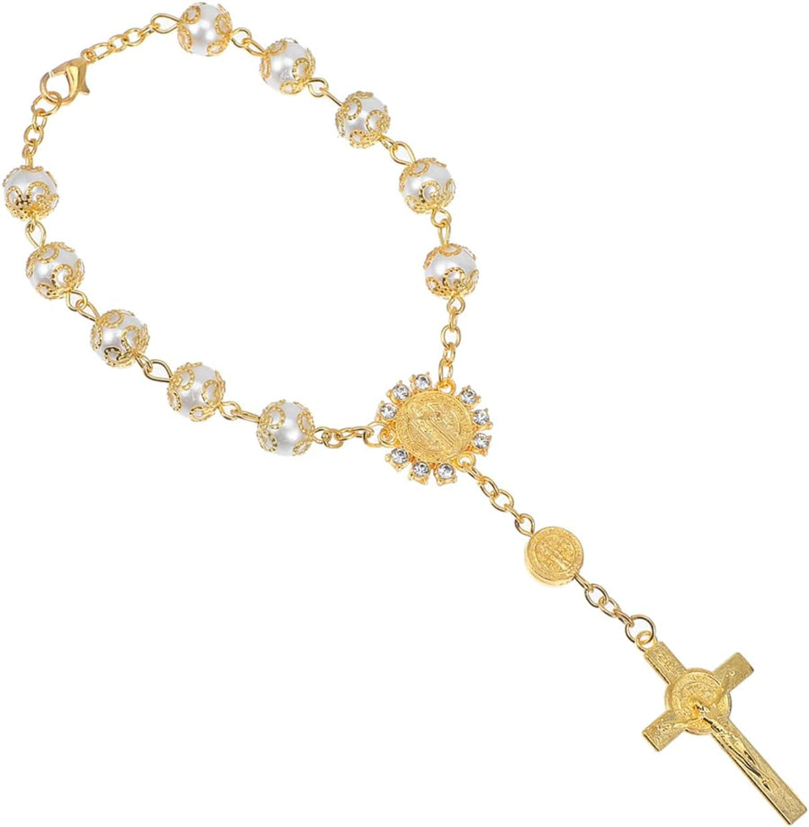 Car Rosary Pendant with Imitation Pearl Beaded Bracelet Hanging Ornament for Rearview Mirror Car Charm Cross Accessory 7.09X3.54 Inches