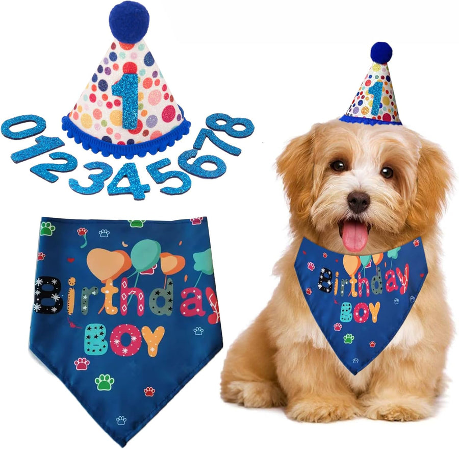 Colorful Pet Dog Cat Birthday Party Hat Set, Polka Dots, Pom-Pom, Bandana
