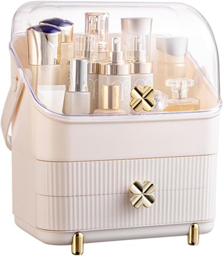 Makeup Organizers and Storage, with Portable Handle, Ivory White, Make up Organizer for Vanity Cosmetics Skincare Organizers with Lid and Drawers Display Cases for Countertop