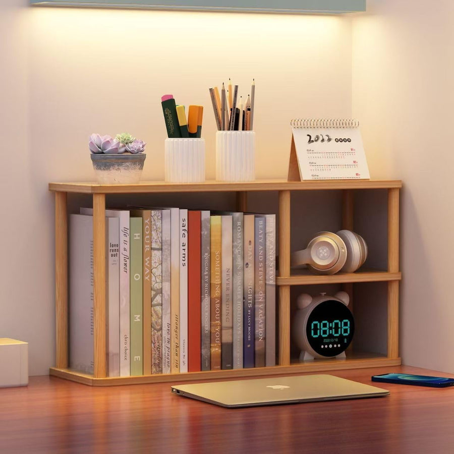 Desktop Organizer Shelf, Solid Wood Desk Bookshelf, Tabletop Small Bookcase, Multipurpose Display Storage Rack for Home Office (Wood)
