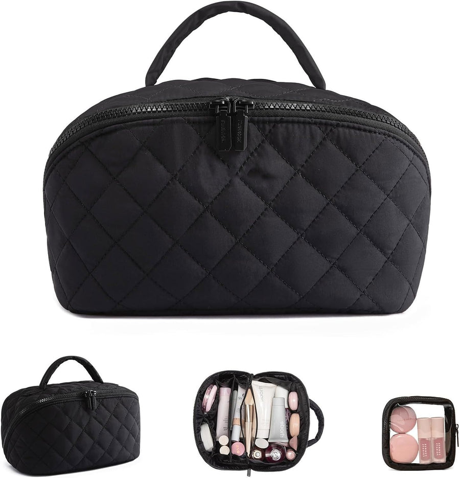 Black Waterproof Puffy Makeup Bag, Portable Cosmetic Bag Travel Makeup Bag Makeup Case Toiletries Bag for Women Daily & Travel Use -