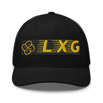 LXG AU Embroidered Trucker Snapback — Blackout, gold LXG embroidery