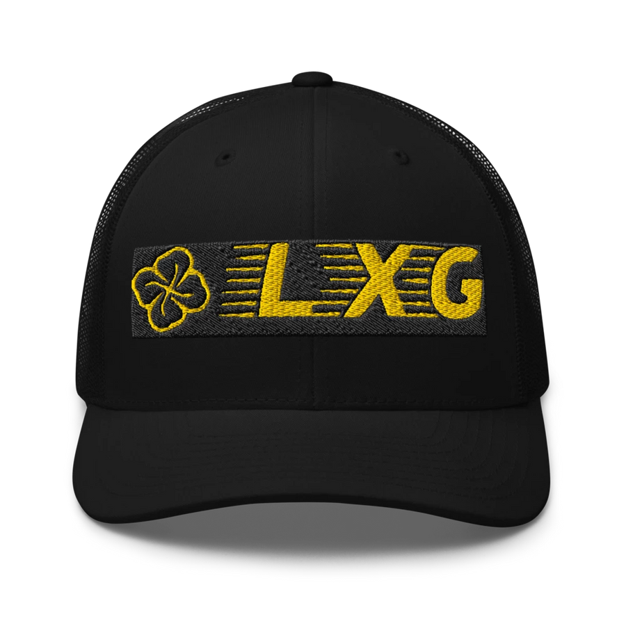 LXG AU Embroidered Trucker Snapback — Blackout, gold LXG embroidery