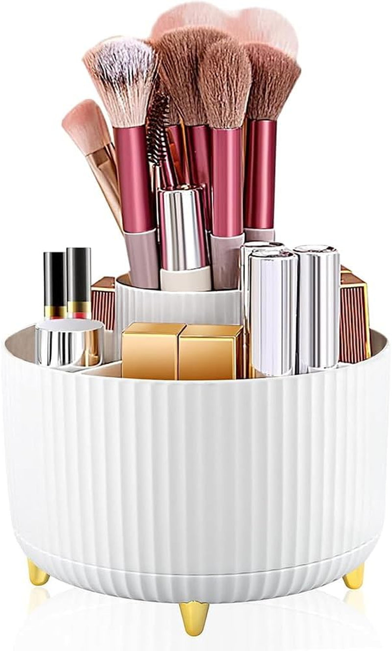 360° Rotating Makeup Brush Holder Organizer, Spinning Cosmetic Storage for Skincare, Lipsticks & Beauty Tools, Desktop Vanity Organizer for Bathroom, Dresser or Desk (White)