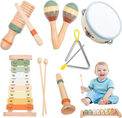 Wooden Musical Instruments, Montessori Toys for Baby Toddlers 1 2 3 Year Old, Neutral Colors Percussion Instruments Set, Modern Boho Xylophone Tambourine, Kids Preschool Birthday Gifts