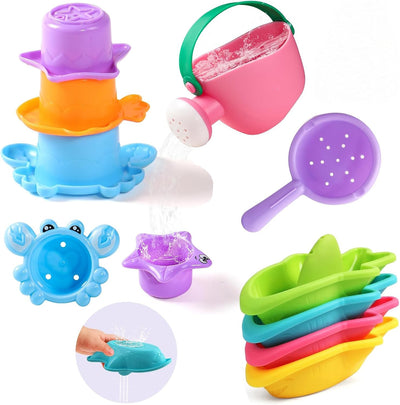 9 PCS Mold Free Baby Bath Toys, Bathtub Beach Pool Sand Water Toys Set | Ocean Animal Stacking Cups, Watering Can, Scoop, Bathroom Bath Time Play, Beach Sand Pool Outdoor Game, Gift for Toddlers 1-3