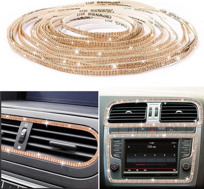 Bling Self-Adhesive Trim 16.4Ft, Rhinestone Accessories for Women, Interior Exterior Decoration, Dashboard Decorations Door Stickers (Champagne Gold)