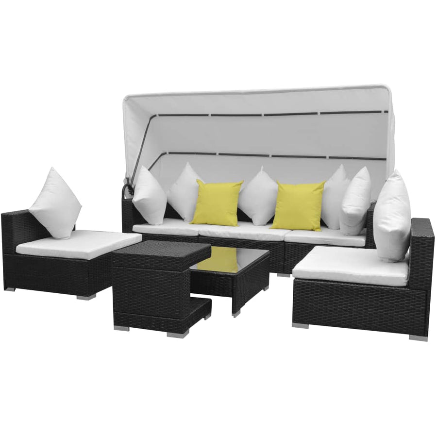 NNEVL 7 Piece Garden Lounge Set with Canopy Poly Rattan Black-0