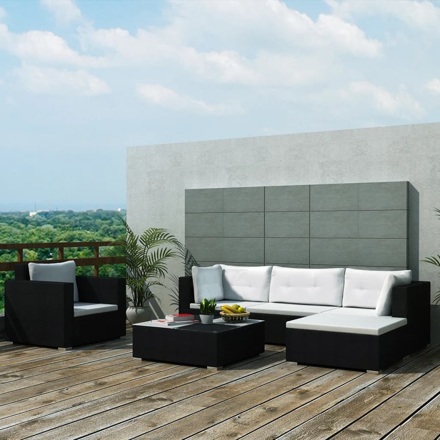NNEVL 6 Piece Garden Lounge Set with Cushions Poly Rattan Black-0