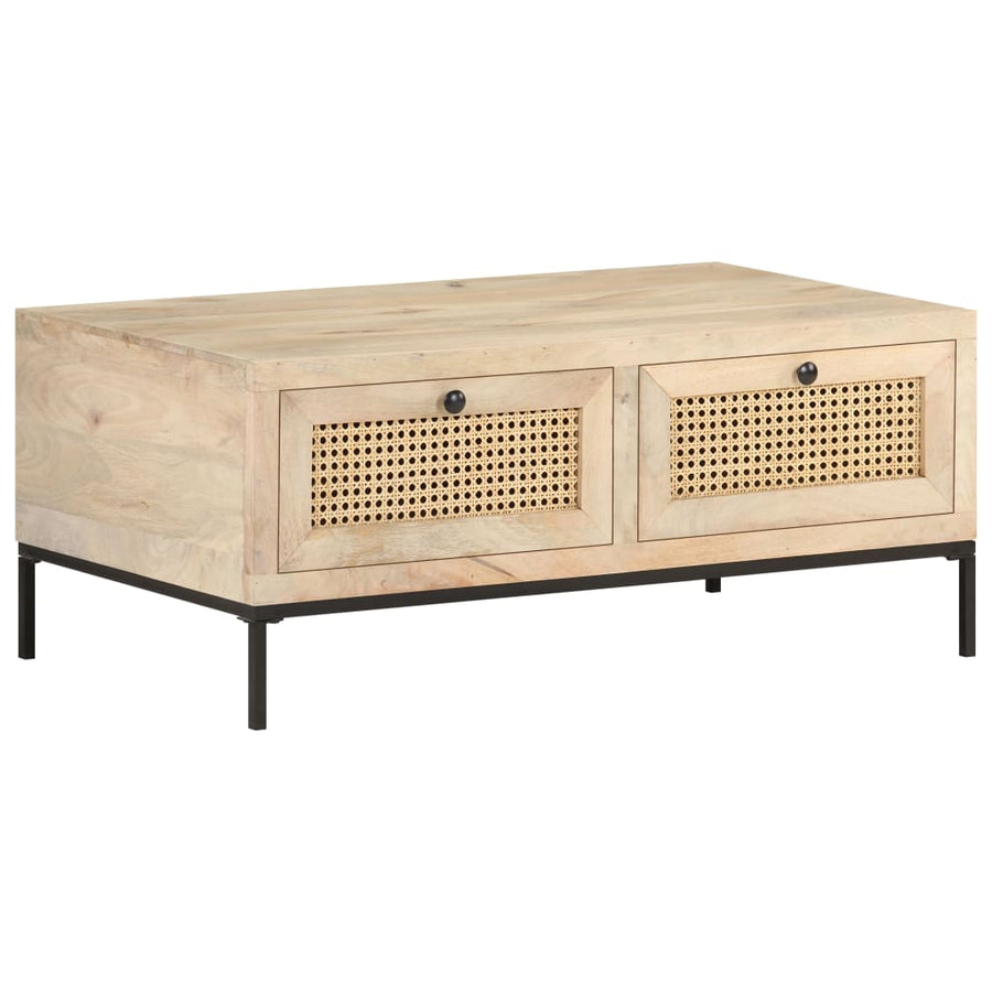 NNEVL Coffee Table 90x50x37 cm Solid Mango Wood and Natural Cane-0