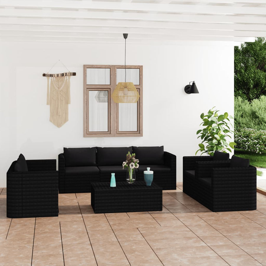NNEVL 9 Piece Garden Lounge Set with Cushions Poly Rattan Black-0