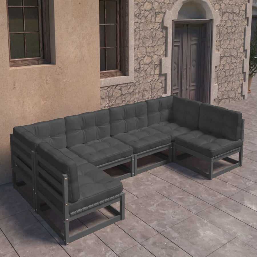 NNEVL 6 Piece Garden Lounge Set with Cushions Black Solid Pinewood-0