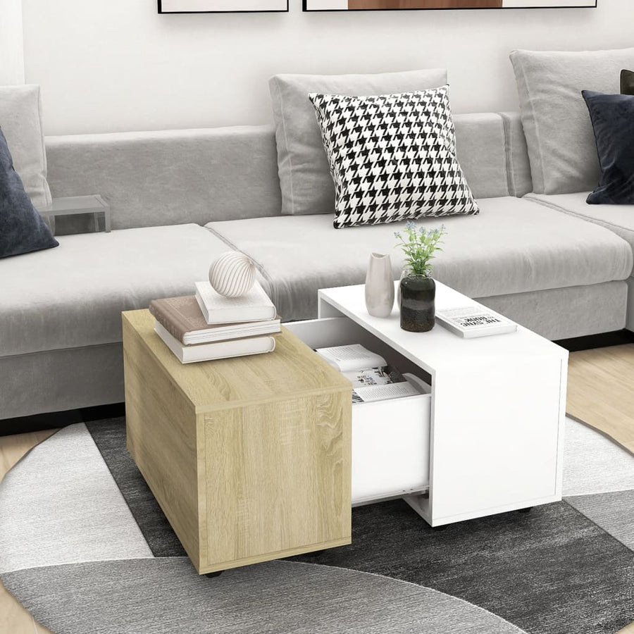 NNEVL Coffee Table White and Sonoma Oak 60x60x38 cm Chipboard-0