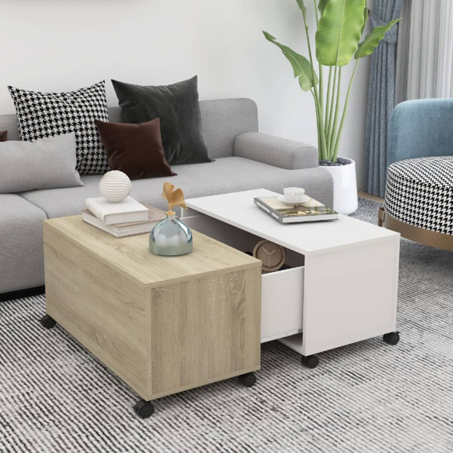 NNEVL Coffee Table White and Sonoma Oak 75x75x38 cm Chipboard-0