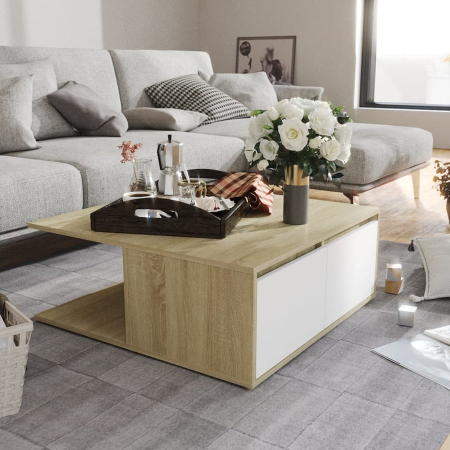 NNEVL Coffee Table White and Sonoma Oak 80x80x31 cm Chipboard-0