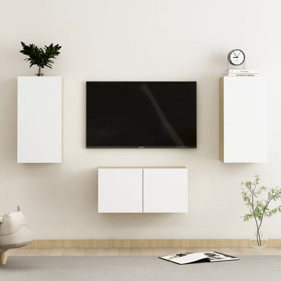 NNEVL 3 Piece TV Cabinet Set White and Sonoma Oak Chipboard-0