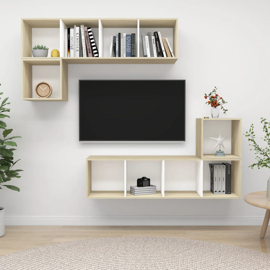 NNEVL 4 Piece TV Cabinet Set White and Sonoma Oak Chipboard-0