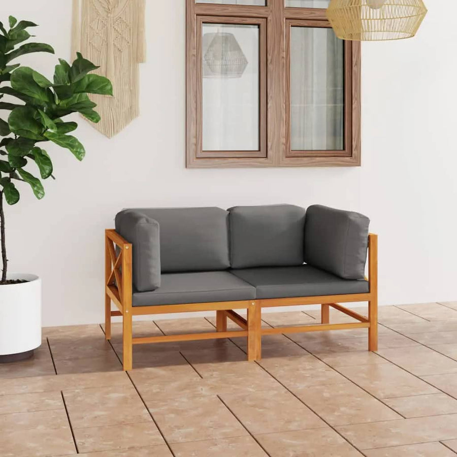NNEVL 2-Seater Garden Sofa with Grey Cushions Solid Wood Teak-0