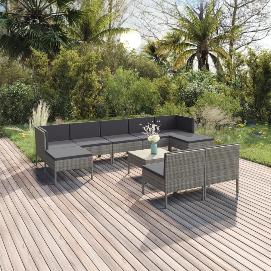 NNEVL 10 Piece Garden Lounge Set with Cushions Poly Rattan Grey-0