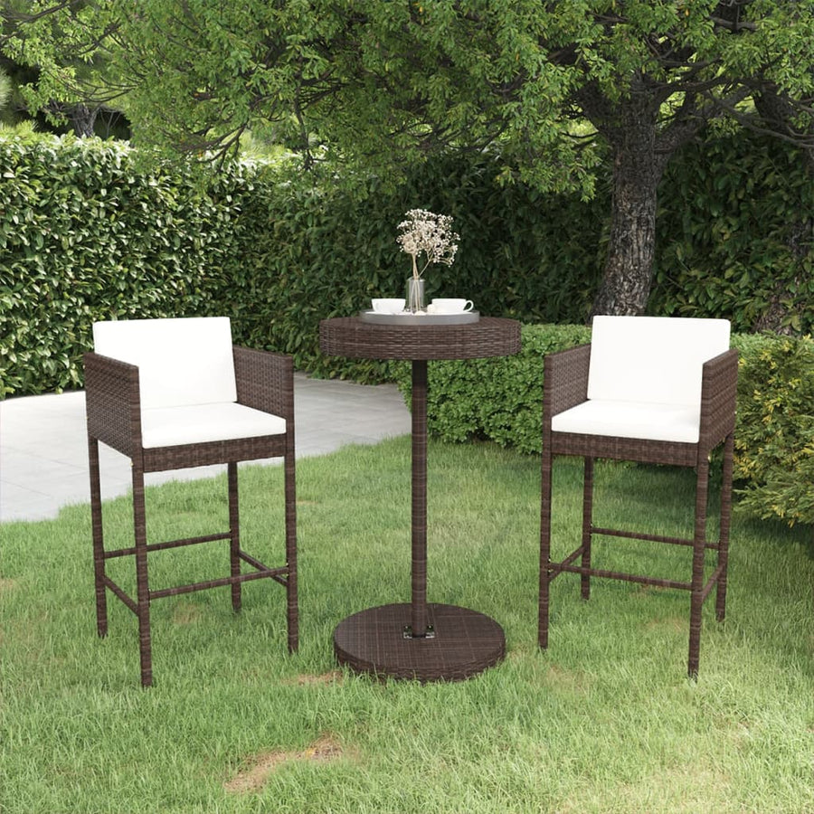 NNEVL 3 Piece Garden Bar Set with Cushions Poly Rattan Brown-0