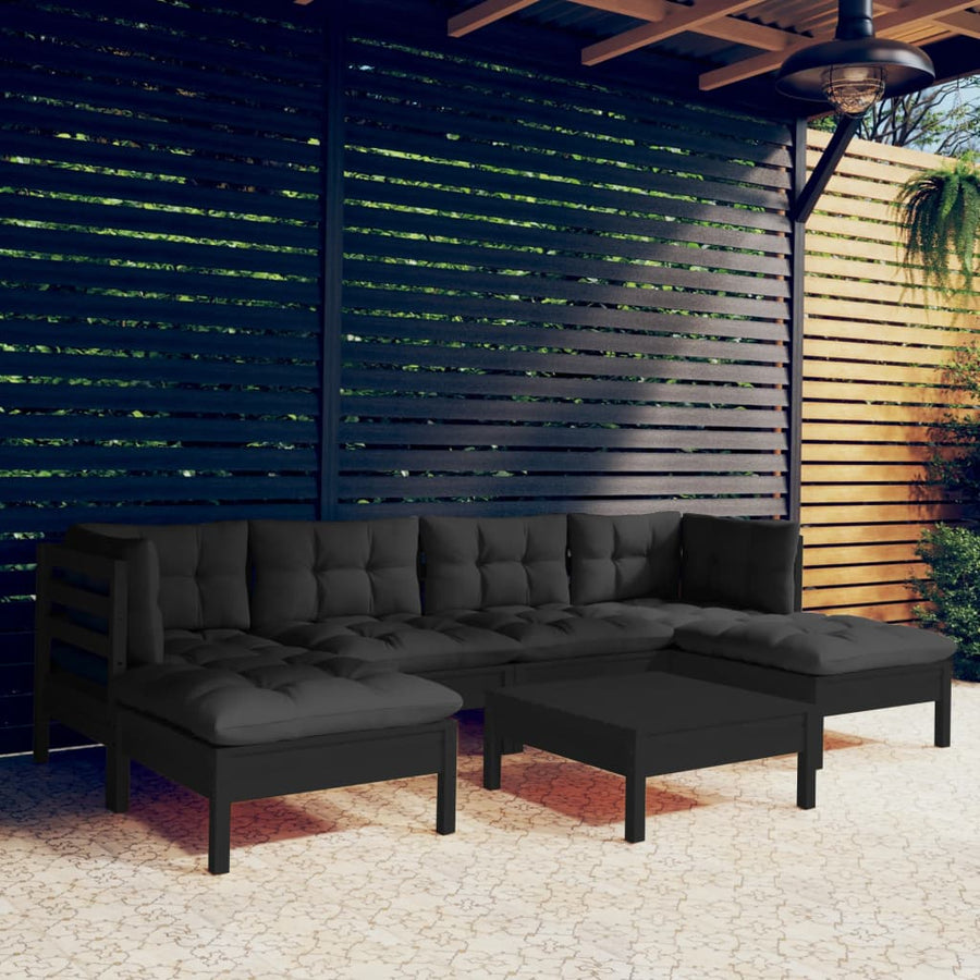 NNEVL 7 Piece Garden Lounge Set with Cushions Black Pinewood-0