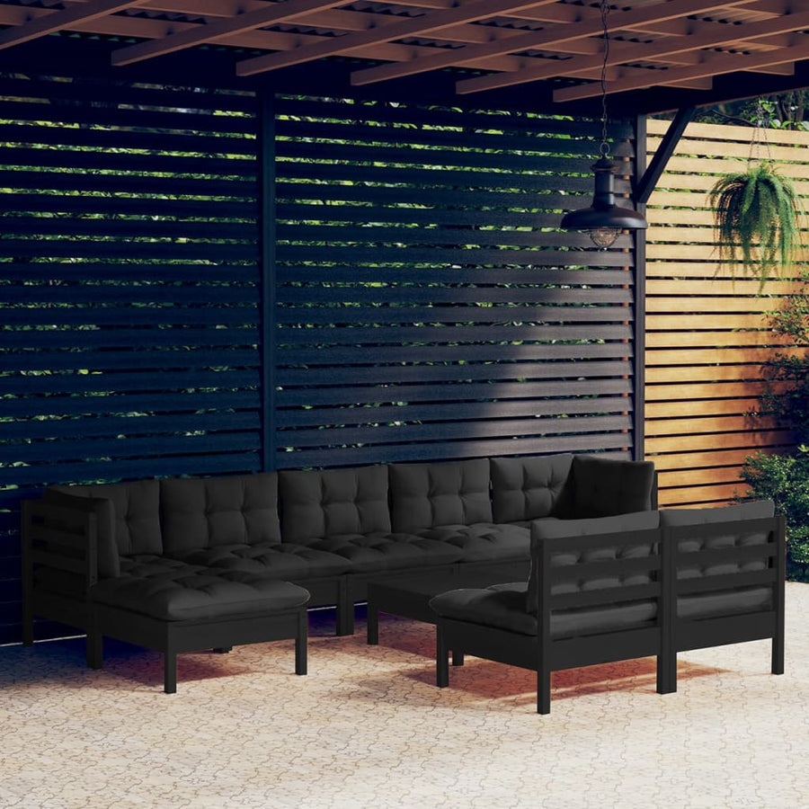 NNEVL 10 Piece Garden Lounge Set with Cushions Black Pinewood-0