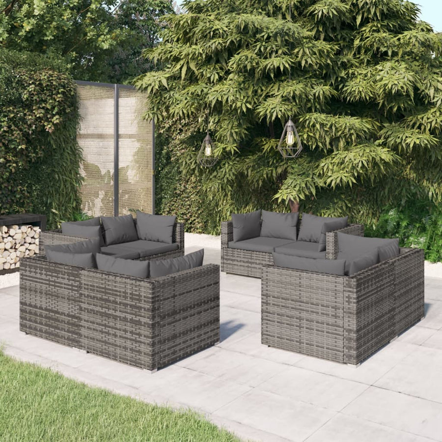 NNEVL 8 Piece Garden Lounge Set with Cushions Poly Rattan Grey-0