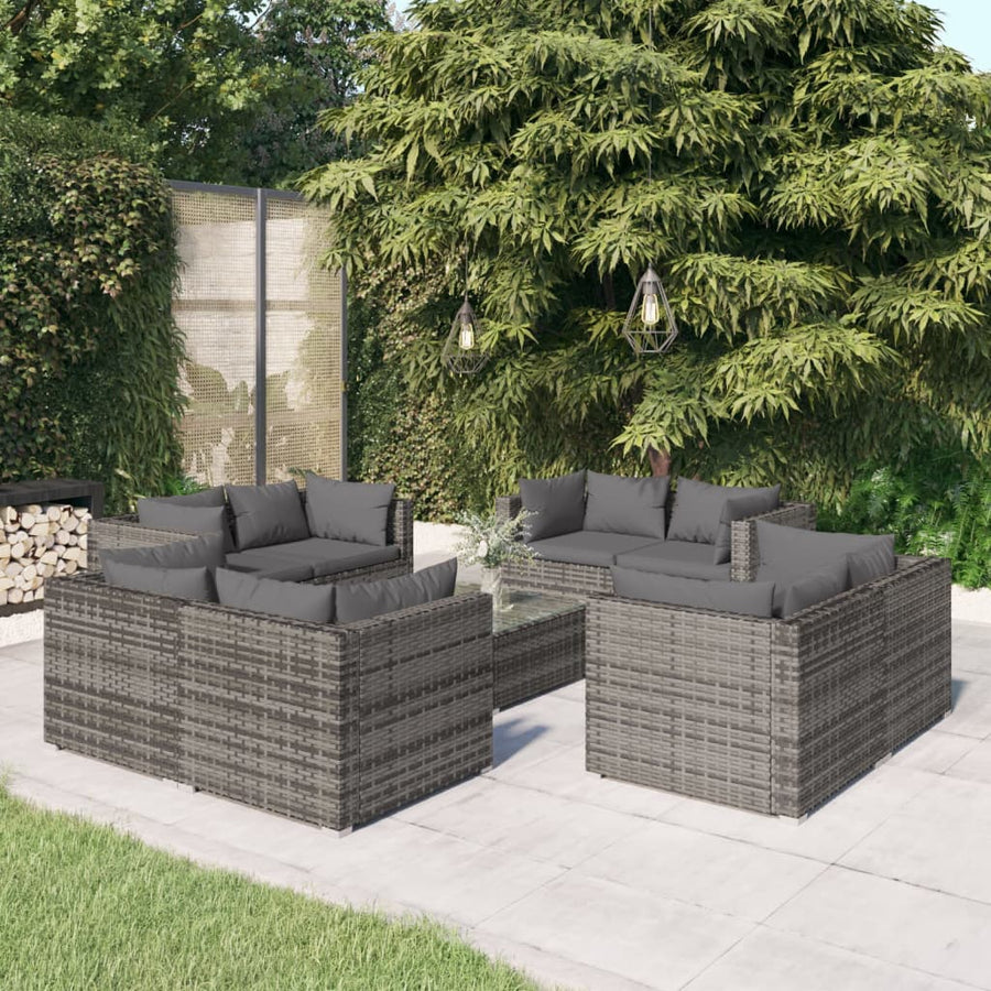 NNEVL 9 Piece Garden Lounge Set with Cushions Poly Rattan Grey-0