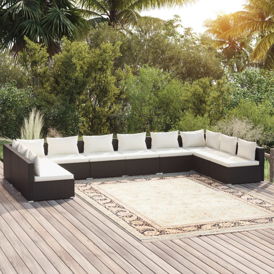 NNEVL 10 Piece Garden Lounge Set with Cushions Poly Rattan Black-0