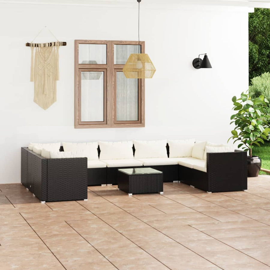 NNEVL 10 Piece Garden Lounge Set with Cushions Poly Rattan Black-0