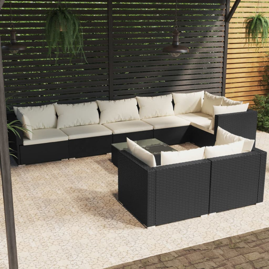NNEVL 9 Piece Garden Lounge Set with Cushions Black Poly Rattan-0