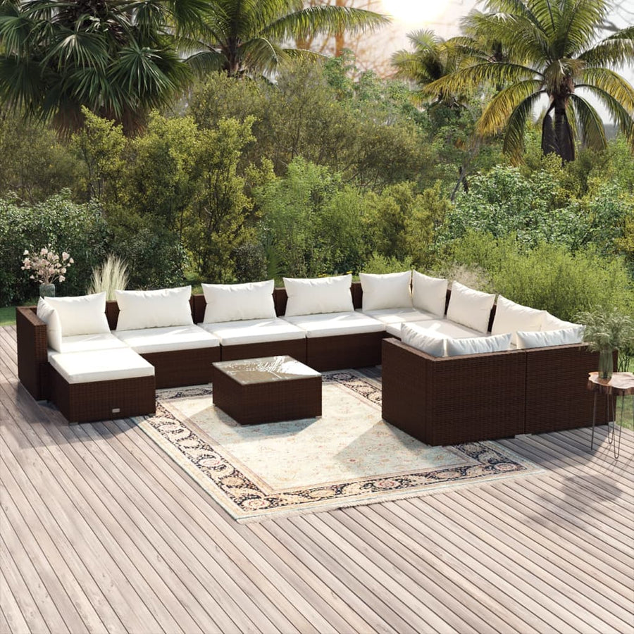 NNEVL 11 Piece Garden Lounge Set with Cushions Poly Rattan Brown-0