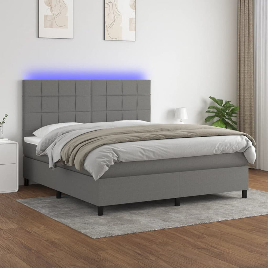 NNEVL Box Spring Bed with Mattress&LED Dark Grey 153x203 cm Queen Size Fabric-0