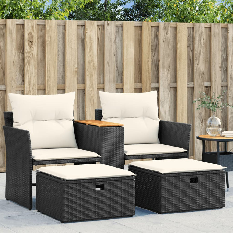 NNEVL Garden Sofa 2-Seater with Stools Black Poly Rattan-0