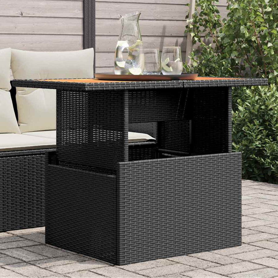 NNEVL Garden Table Black 100x55x73 cm Poly Rattan and Acacia Wood-0