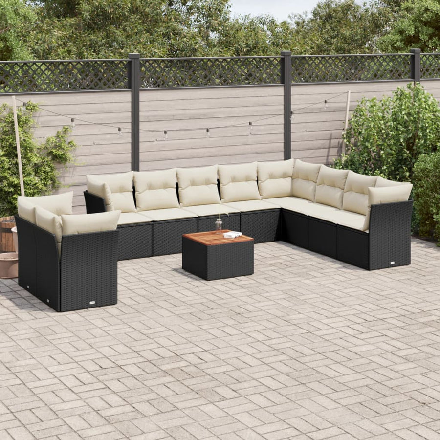 NNEVL 11 Piece Garden Sofa Set with Cushions Black Poly Rattan-0