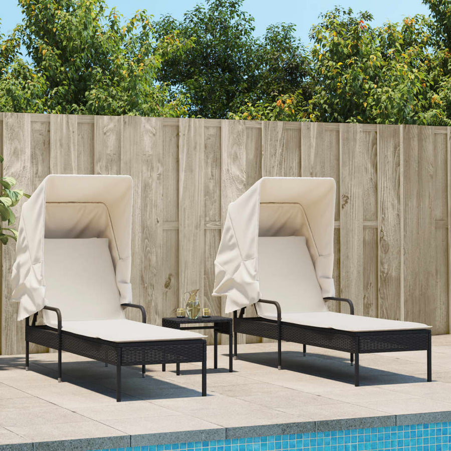 NNEVL Sun Loungers 2 pcs with Canopies and Table Black Poly Rattan-0