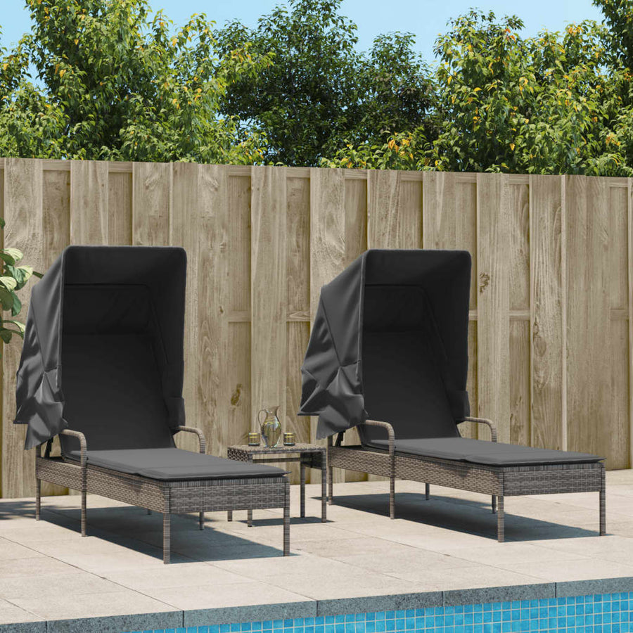 NNEVL Sun Loungers 2 pcs with Canopies and Table Grey Poly Rattan-0