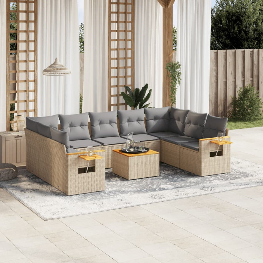 NNEVL 10 Piece Garden Sofa Set with Cushions Beige Poly Rattan-0
