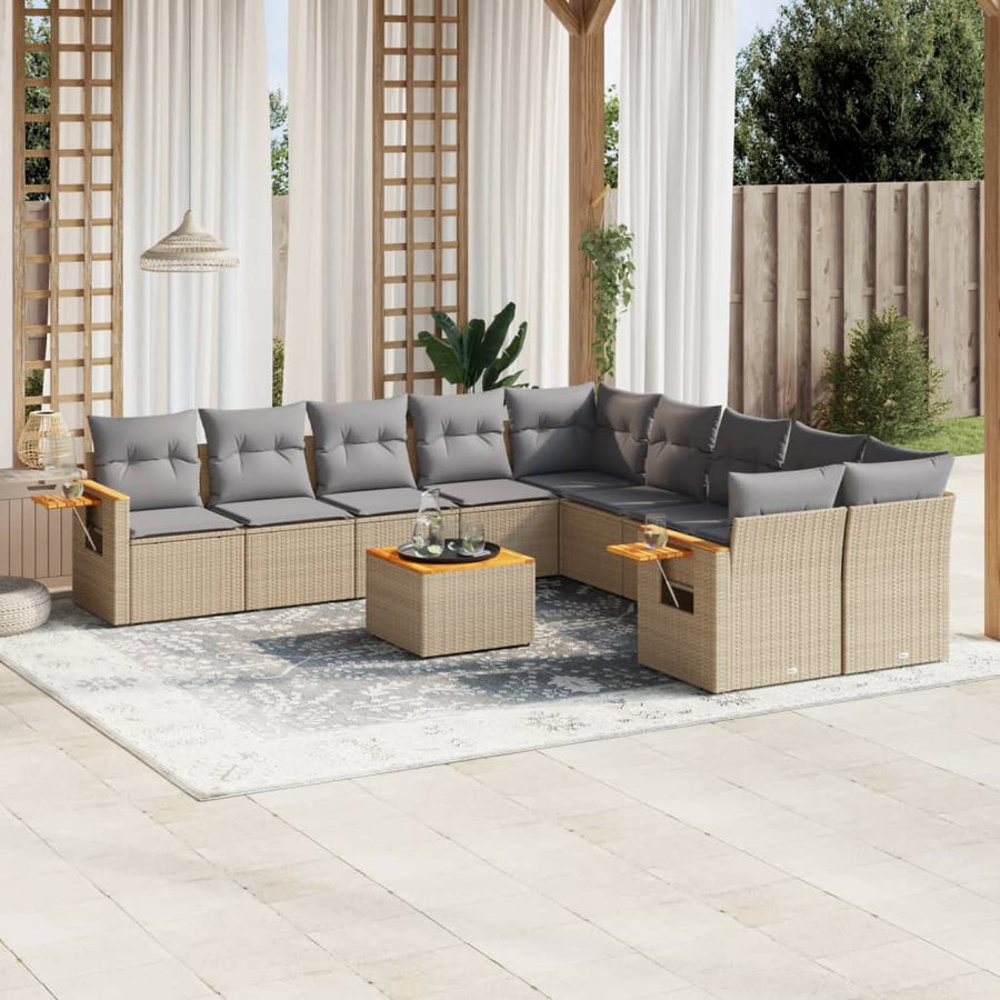 NNEVL 11 Piece Garden Sofa Set with Cushions Beige Poly Rattan-0