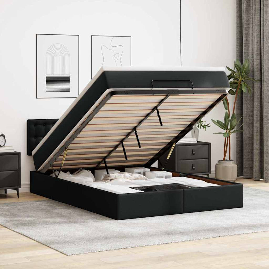 NNEVL Ottoman Bed with Mattresses & LEDs Black Queen Faux Leather-0
