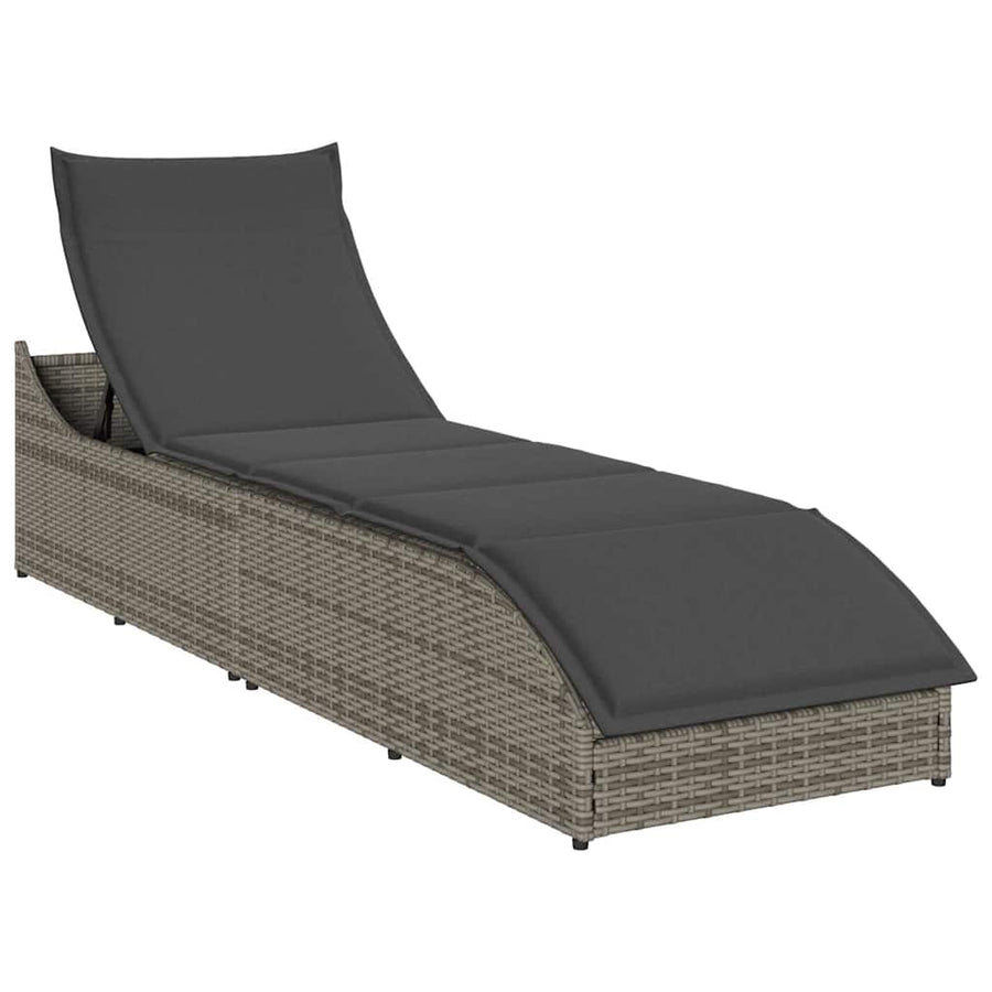 NNEVL Folding Sun Lounger with Cushion and Storage Grey Poly Rattan-0