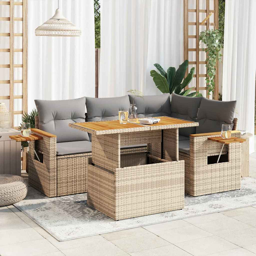 NNEVL 4 Piece Garden Sofa Set with Cushions Beige Poly Rattan Acacia-0