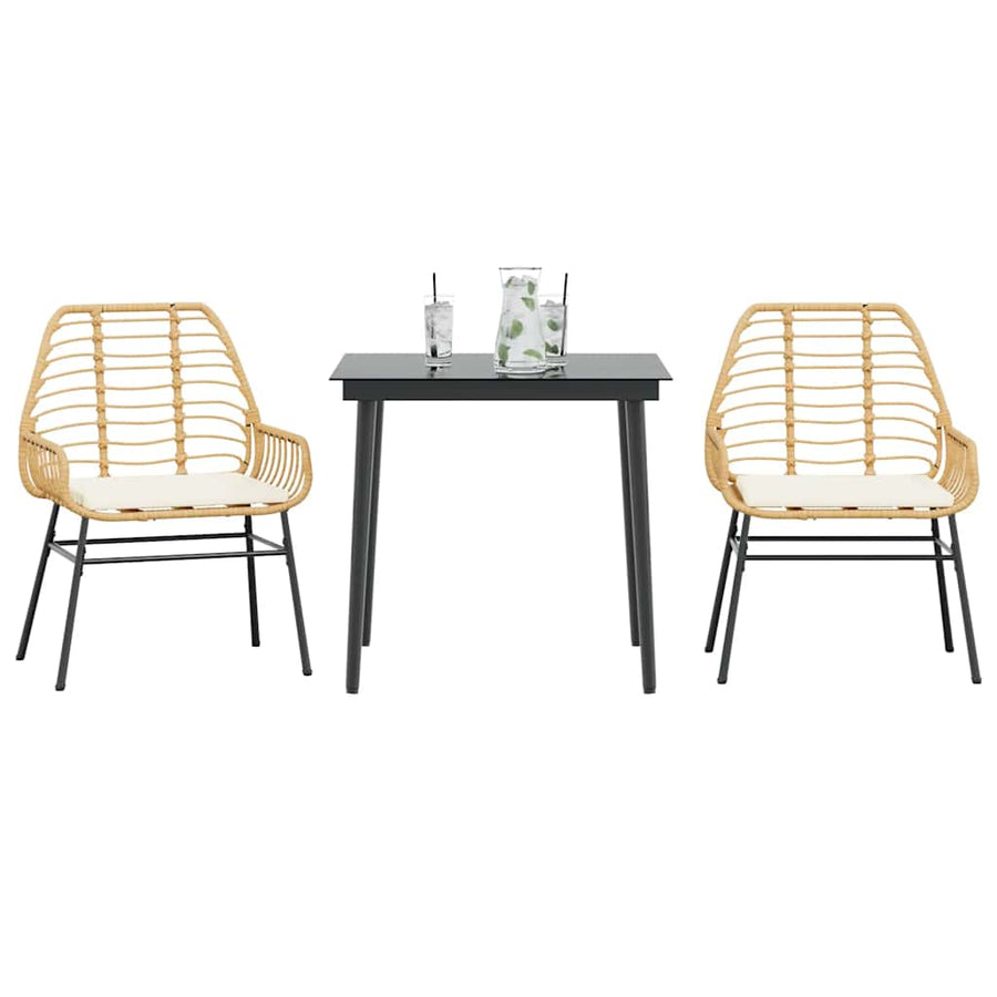 NNEVL 3 Piece Garden Dining Set with Cushions Brown Poly Rattan Glass-0
