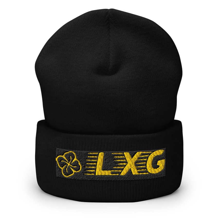 LXG AU Embroidered Cuffed Beanie — Blackout, gold LXG embroidery