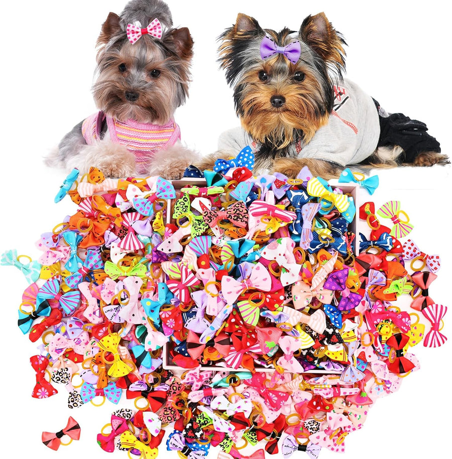 Small Dog Hair Bows with Rubber Bands for Small Medium Dogs | Handmade 100PCS Bulk Dog Bows，Light & Secure & Comfortable，Perfect for Top Knots of Long-Haired Puppies Daily Styling