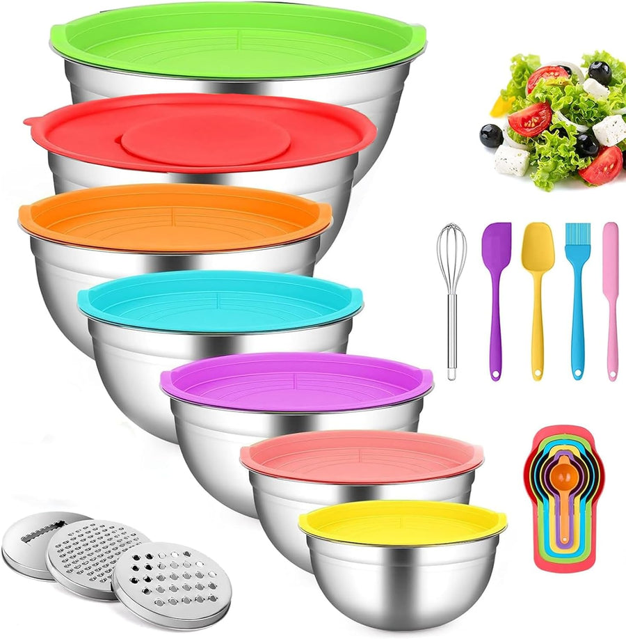 Multicolor Mixing Bowls with Lids,7 Pcs Stainless Steel Salad and Fruit Bowls Set for Kitchen Mixing Baking Prepping Cooking Serving